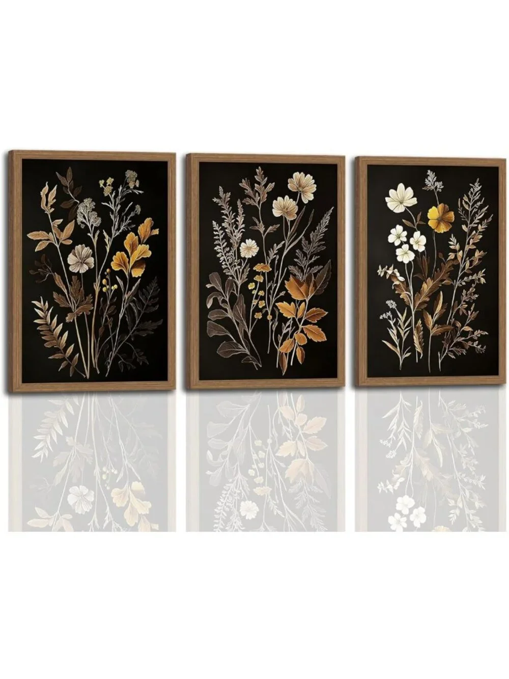 Set of 3 Vintage Black Flower Botanical Canvas Prints - Dark Academia Wall Art